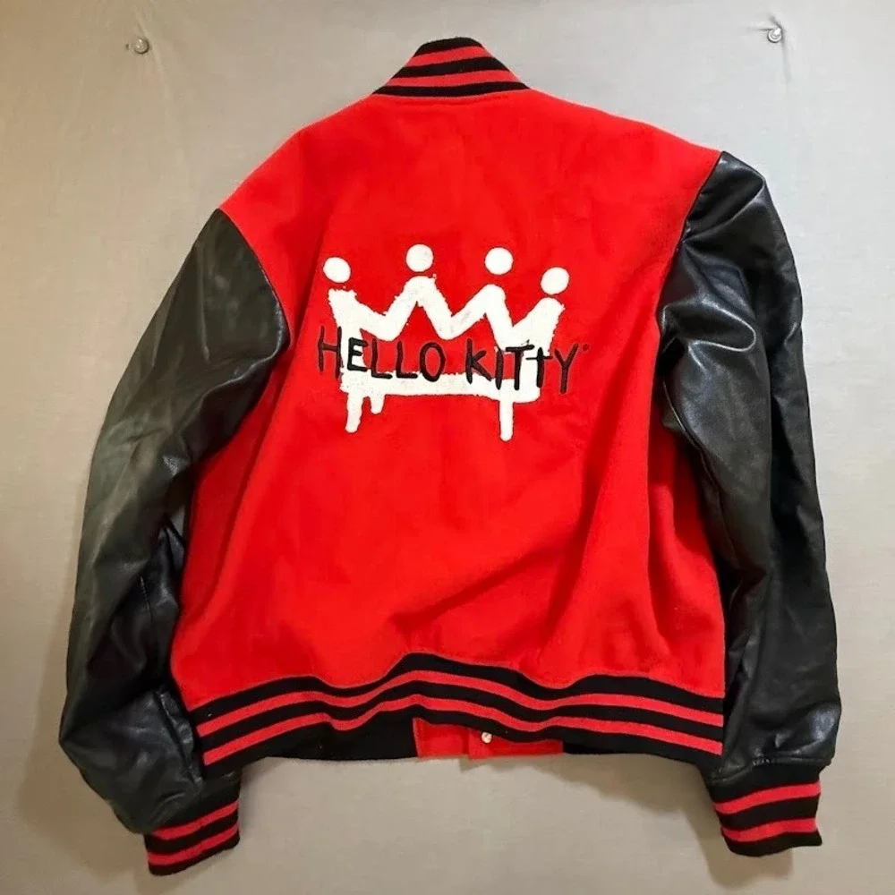 Hello Kitty x Forever‎ 21 Varsity Jacket Red Black Faux Leather Sleeves Mens L